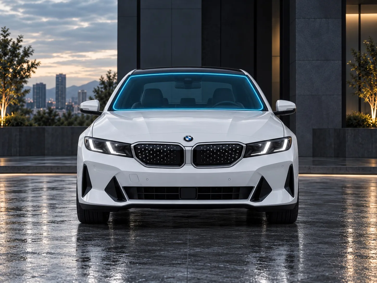 White BMW sedan front view with glowing outline on the front windscreen