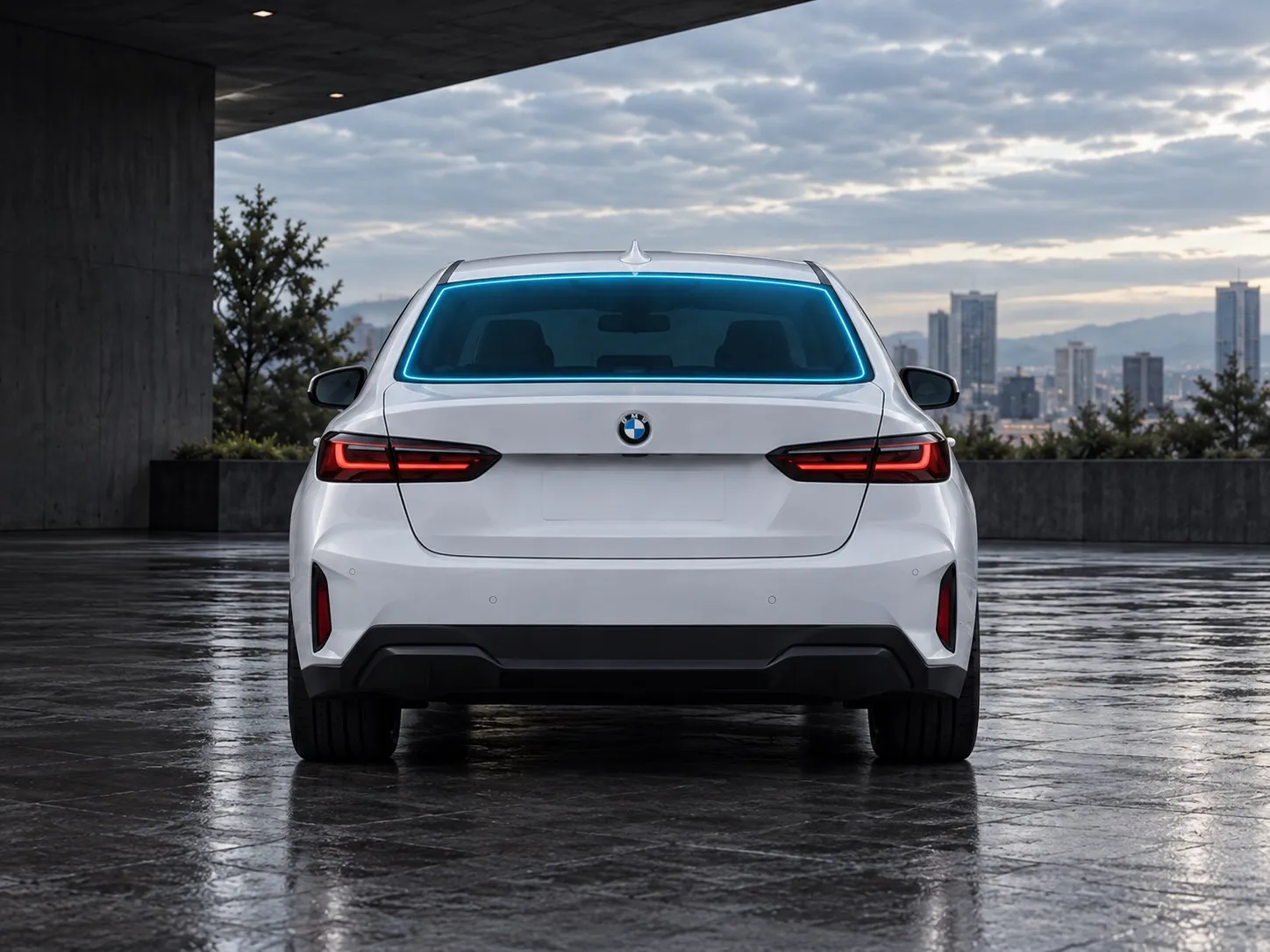 White BMW sedan rear view with glowing outline on the rear windscreen