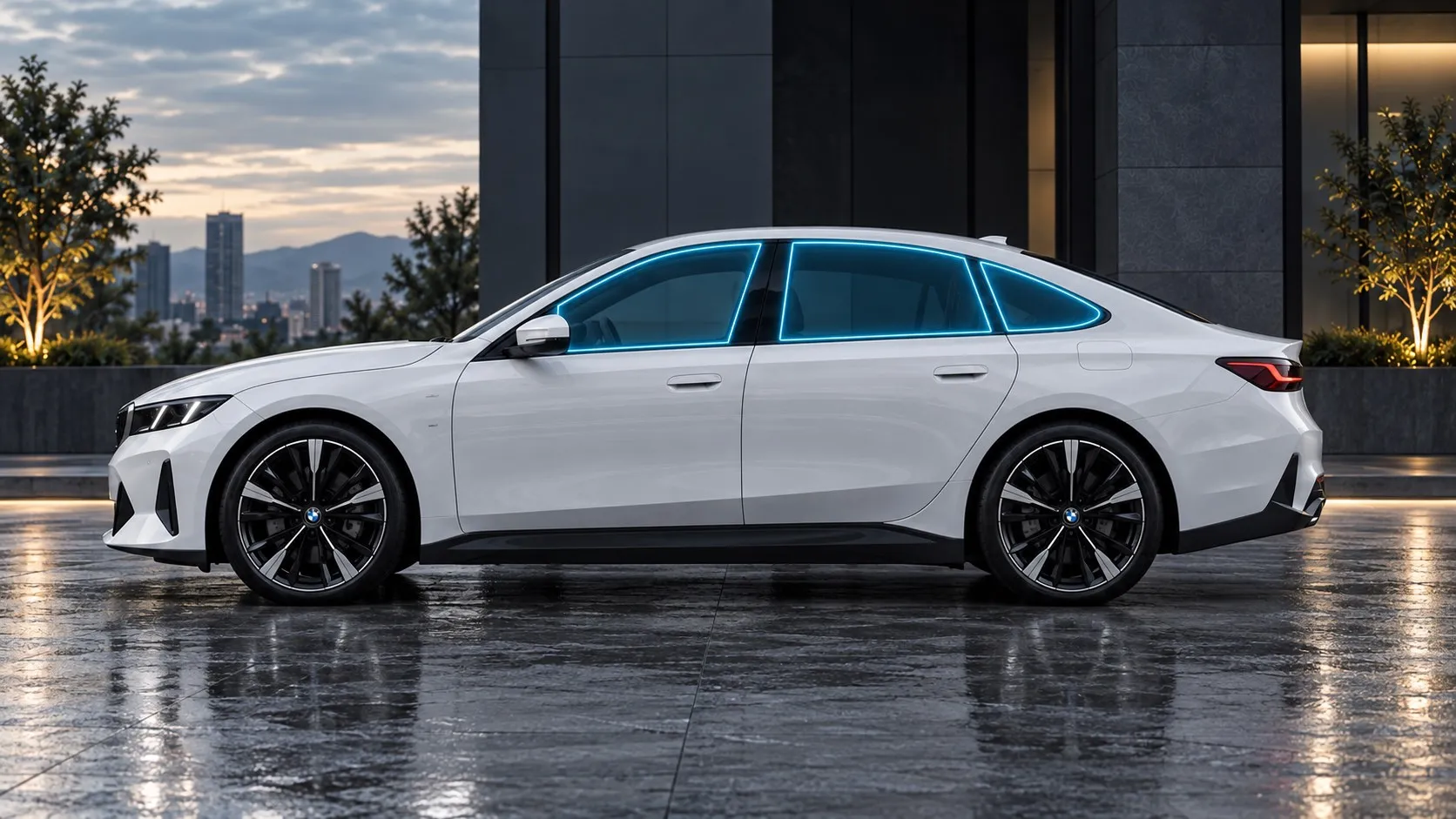White BMW sedan side view with glowing outlines on door windows and quarter glass